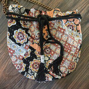 ANTHROPOLOGIE Bohemian Style Beaded Drawstring Pouch Crossbody Bag